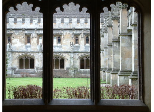 Magdalen Quad: A view through the windows around the sides of Magdalen (pron: Maudlin) College quad.